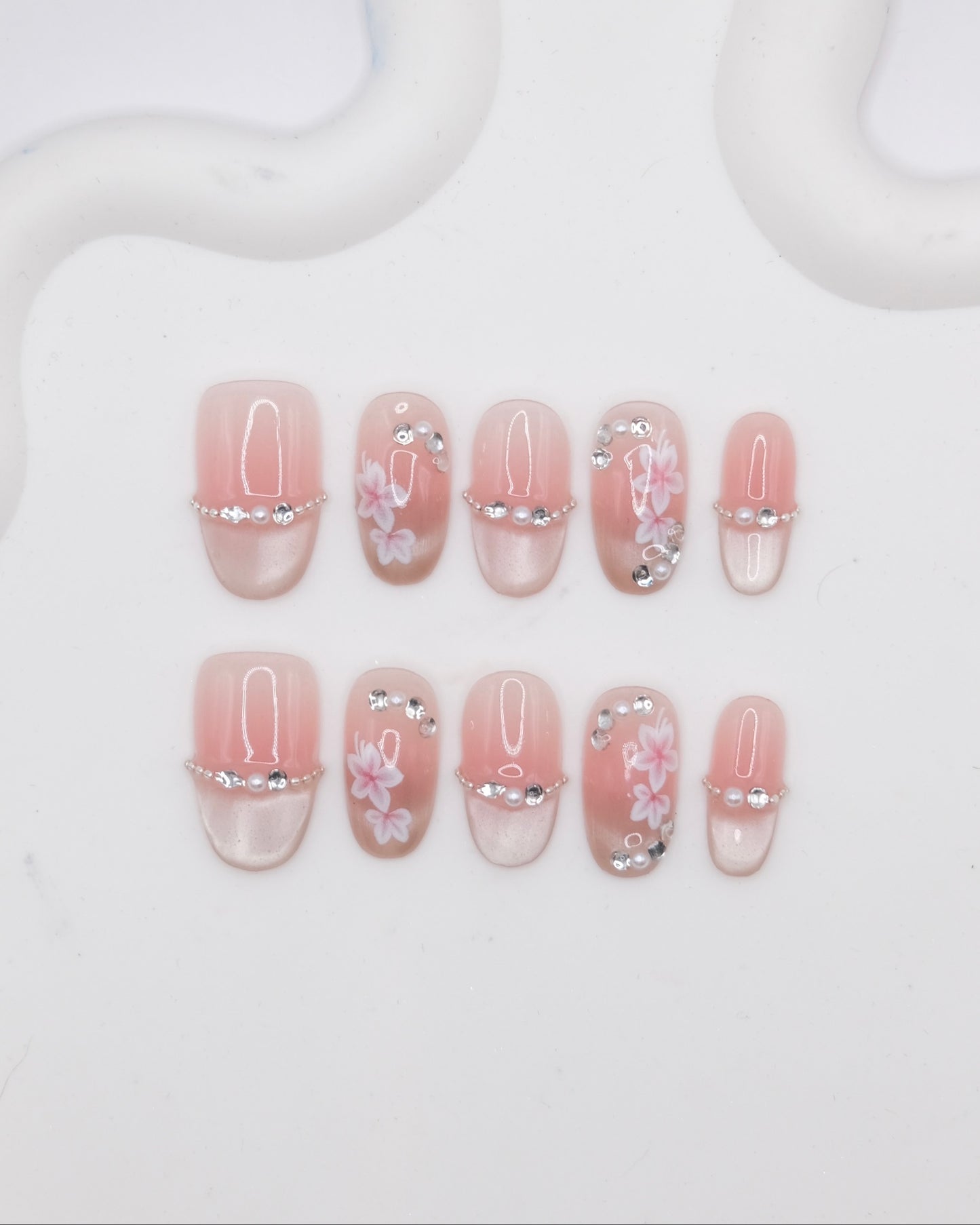 Mid-Long Oval Cateye Pink Flower French Manicure Press On Nails