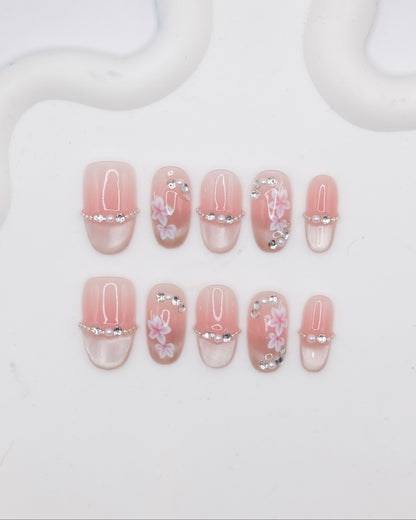 Mid-Long Oval Cateye Pink Flower French Manicure Press On Nails