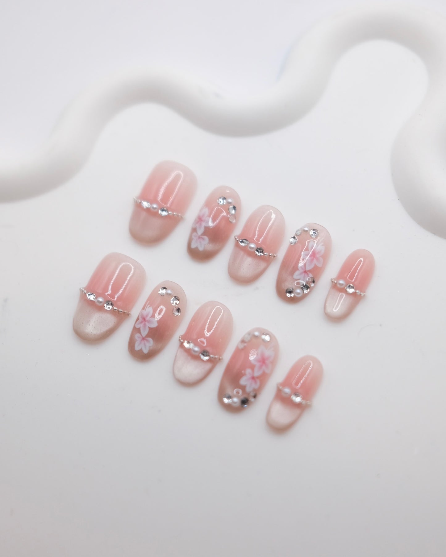 Mid-Long Oval Cateye Pink Flower French Manicure Press On Nails