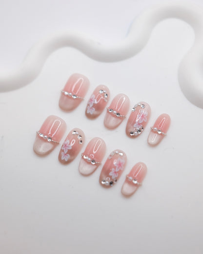 Mid-Long Oval Cateye Pink Flower French Manicure Press On Nails