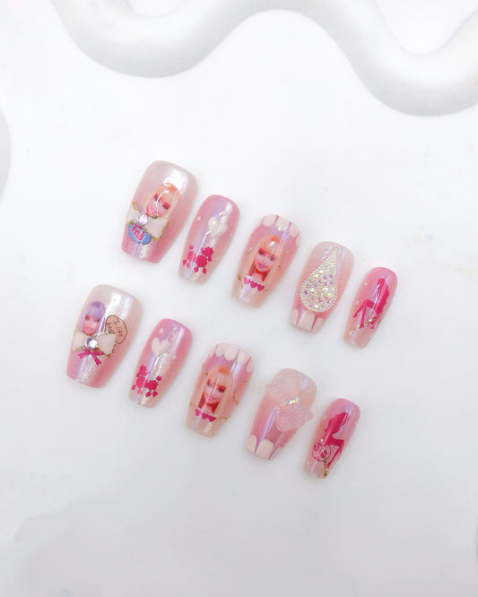 Mid-Long Coffin Pink Barbie With Diamond Press On Nails