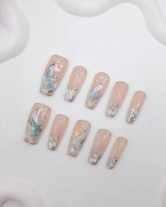 Long Coffin Pink & Shinny Peacock Press On Nails