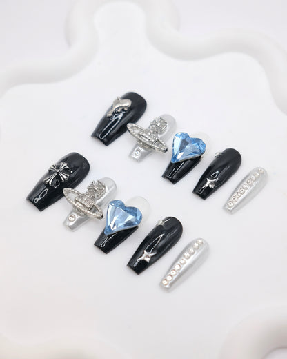 Long Coffin Black & Silver Saturn With Blue Diamond Press On Nails