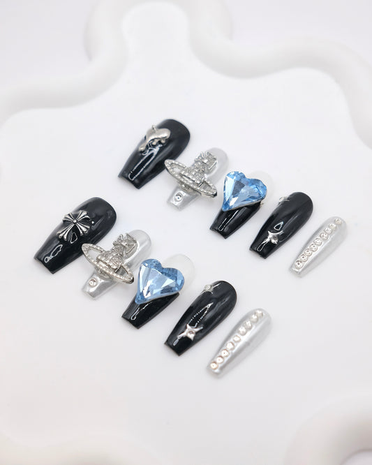 Long Coffin Black & Silver Saturn With Blue Diamond Press On Nails