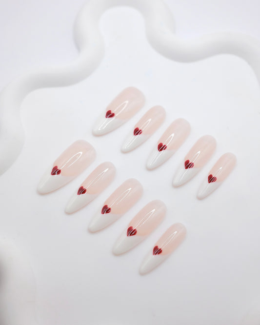 Long Oval Pink & White Love Heart Press On Nails