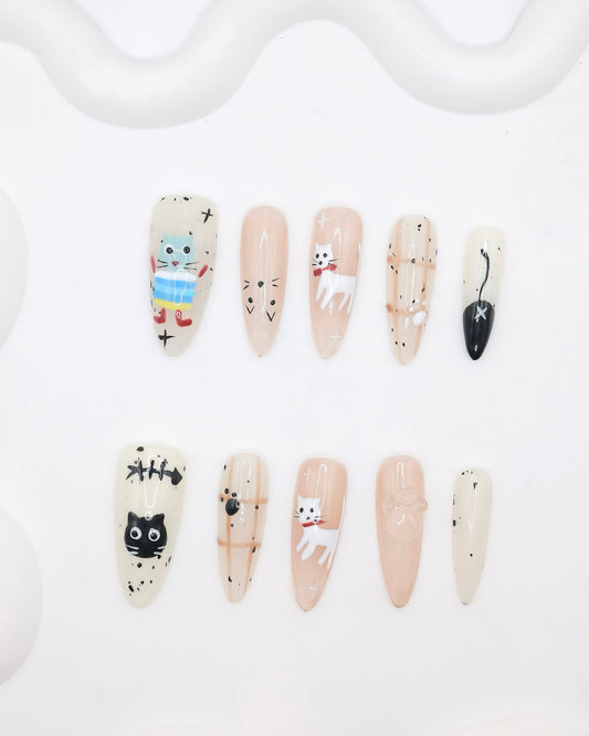 Extra Long Almond White & Pink Cute Cat Press On Nails