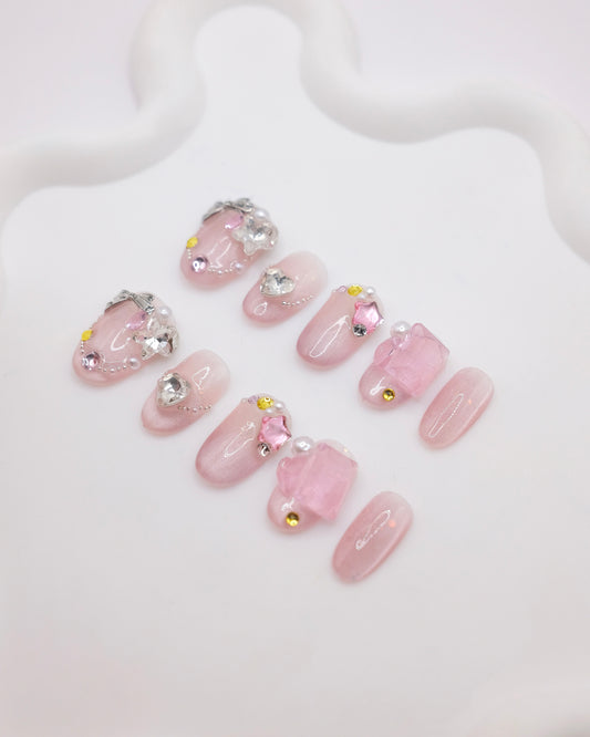 Short Rounded Pink & White Pearl With Diamond Press On Nails