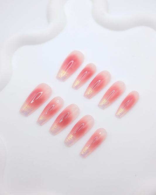 Long Coffin Pink Blush & Shinny Painting Press On Nails