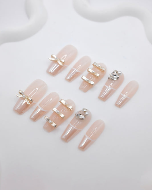 Long Coffin Pink & 3D Bow Tie With Diamond Press On Nails