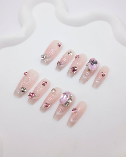 Long Coffin Gradient Pink & Shiny Diamond Press On Nails