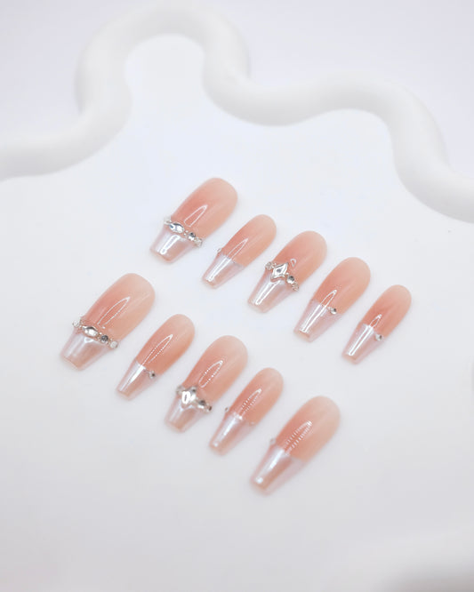 Long Coffin Pink French Manicure With Diamond Press On Nails