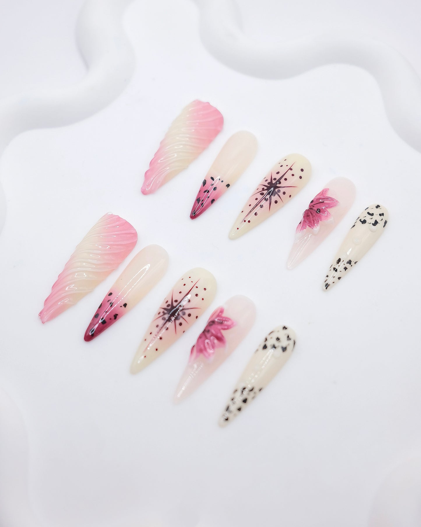 Extra Long Stiletto White & Embossed Pink Flower Press On Nails