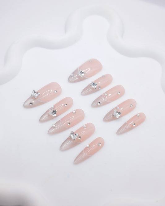 Extra Long Oval Pink French Manicure With Butterfly Diamond Press On Nails