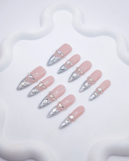 Extra Long Stiletto Pink & Silver French Manicure Diamond Crown Press On Nails