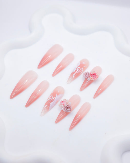 Extra Long Stiletto Pink 3D Peony Press On Nails