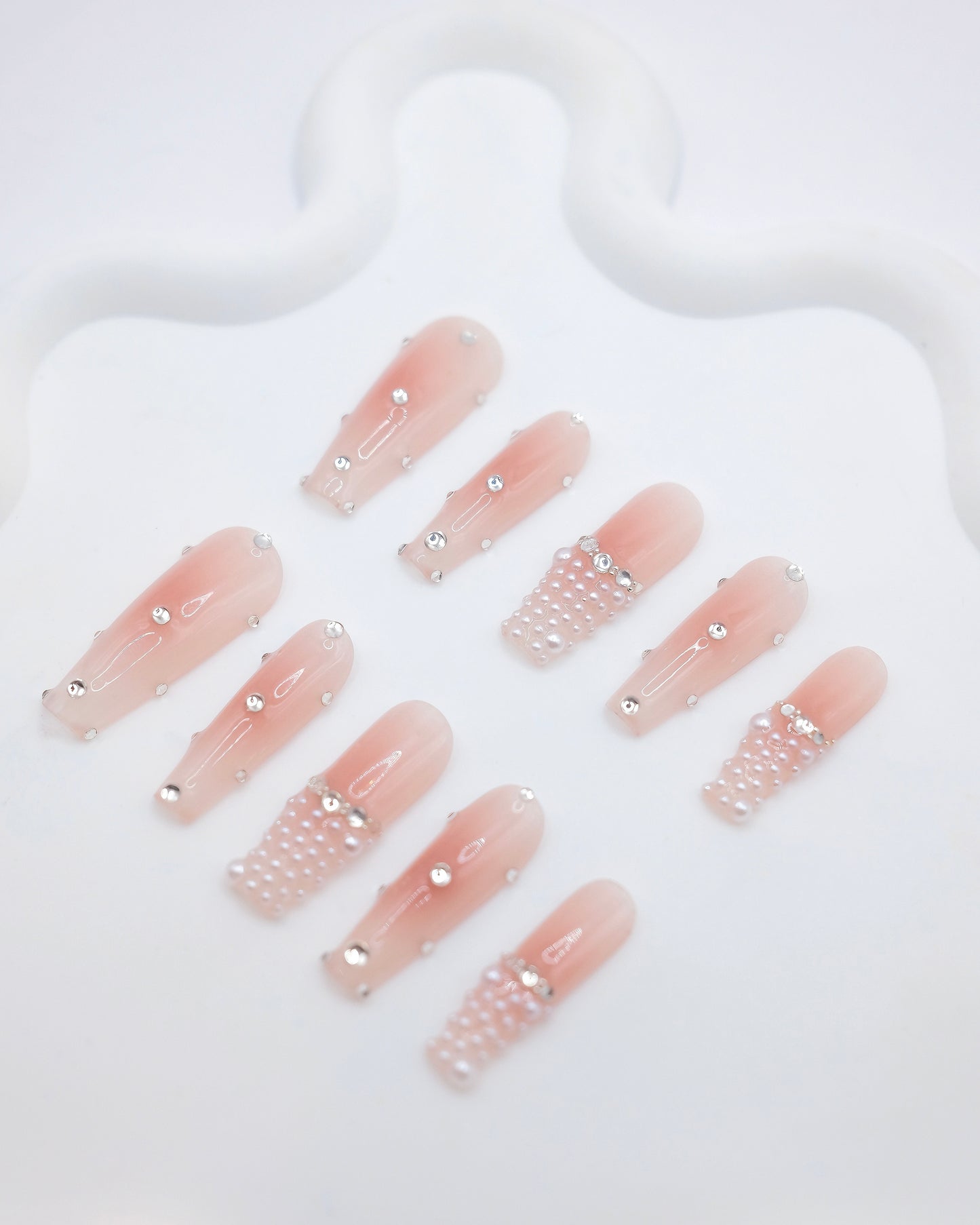 Extra Long Coffin Gradient Pink Pearl & Diamond Press On Nails