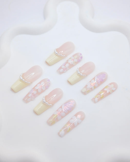 Extra Long Coffin Colorful Embossed Flower & Pearl Press On Nails