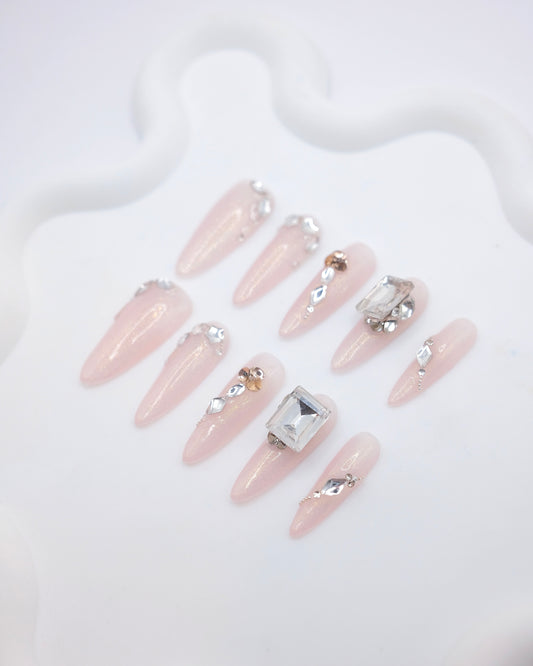 Extra Long Oval Pink Shiny Diamond Press On Nails