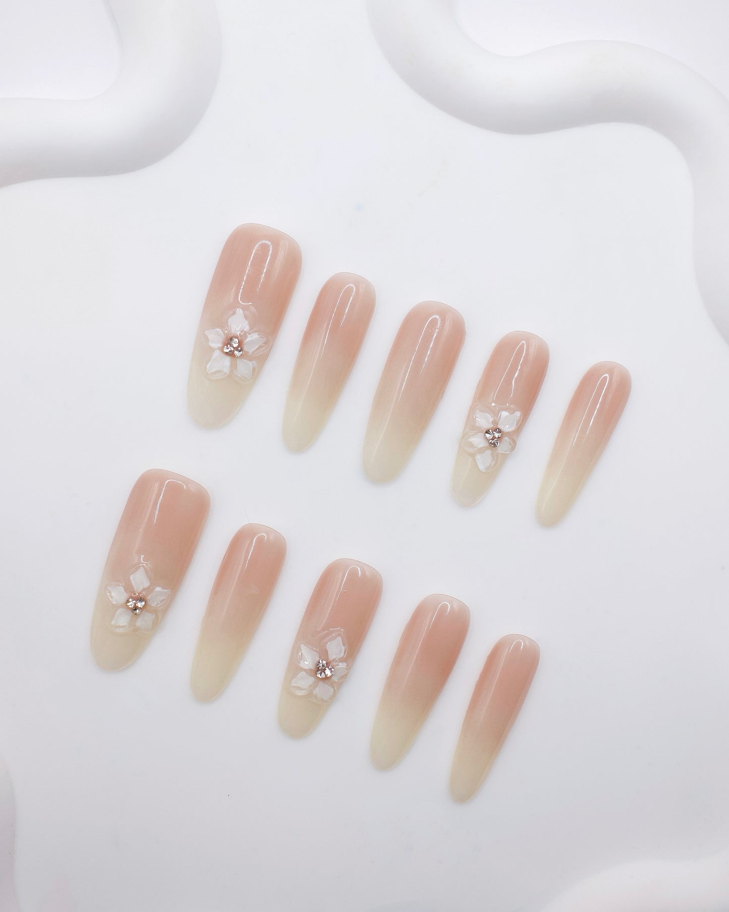 Extra Long Oval Pink & Nude Color With Embossed Flower Press On Nails