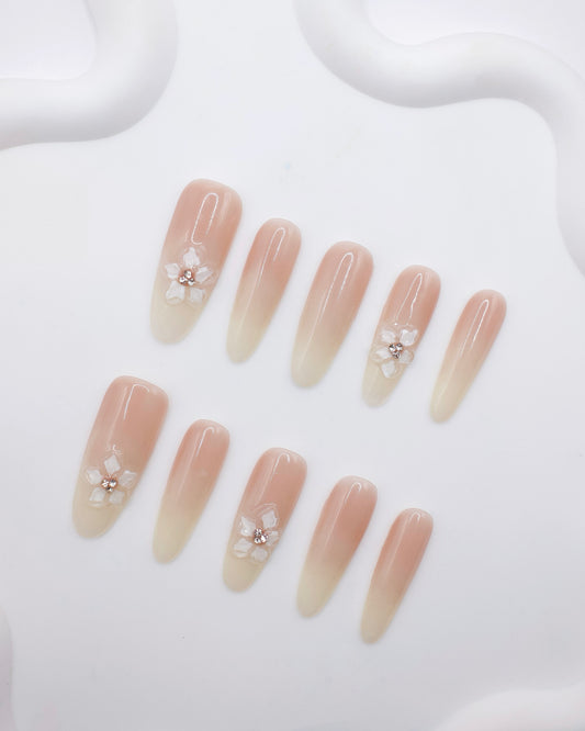 Extra Long Oval Pink & Nude Color With Embossed Flower Press On Nails