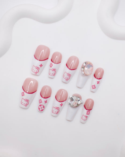 Long Coffin White & Pink Hello Kitty With Diamond Press On Nails