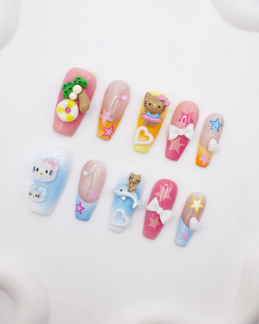 Long Coffin Colorful Summer Time Hello Kitty Press On Nails