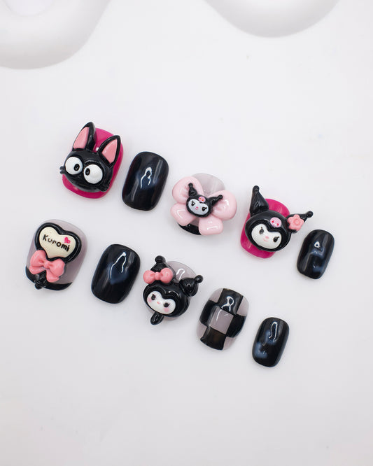 Short Rounded Black 3D Cute Kuromi Press On Nails