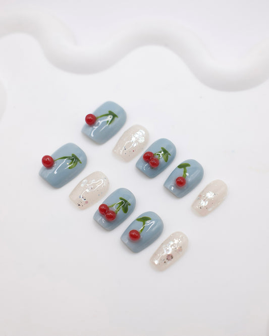 Short Coffin Blue & White 3D Cherry Press On Nails