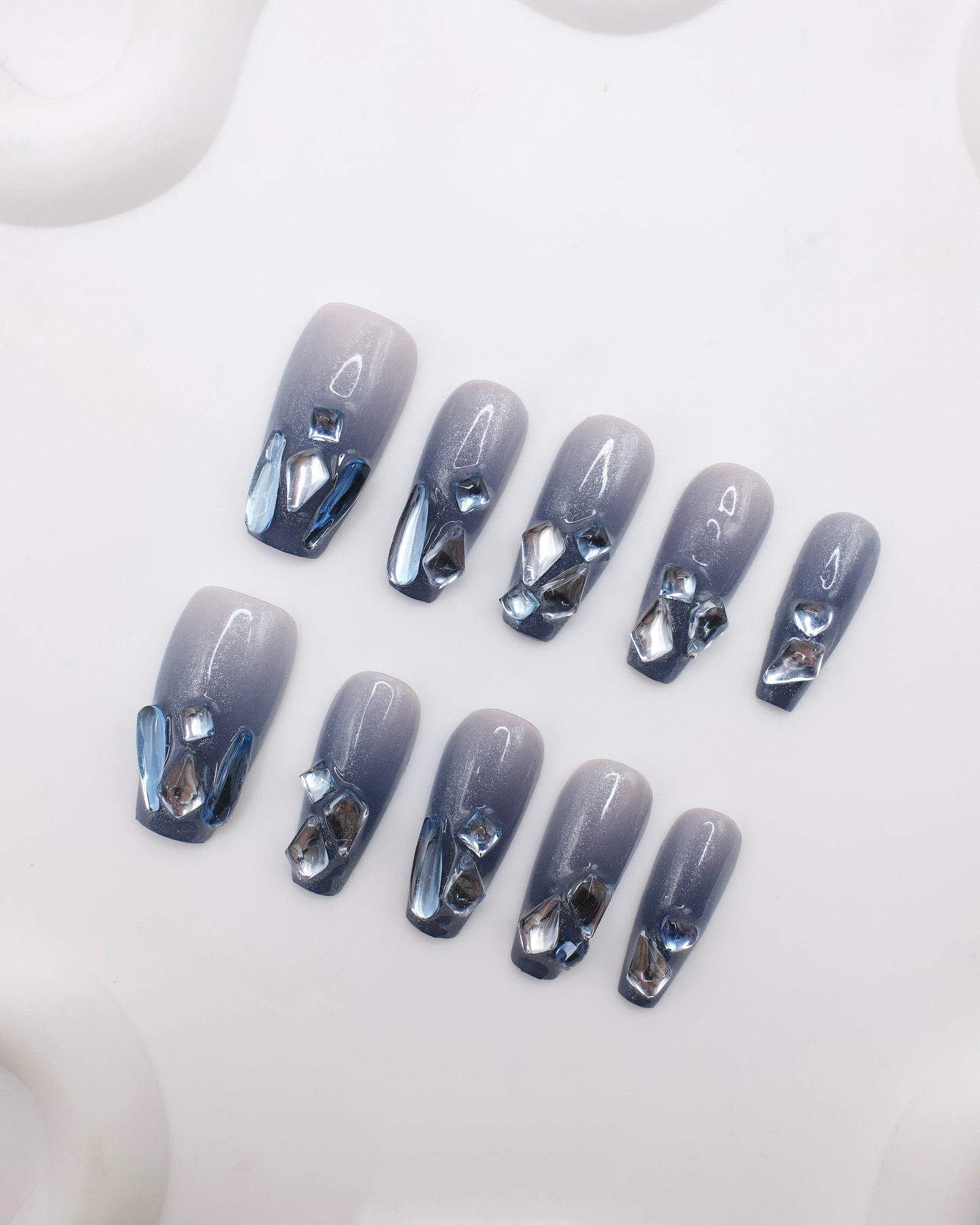 Long Coffin Dark Blue Shiny Blue Diamond Press On Nails