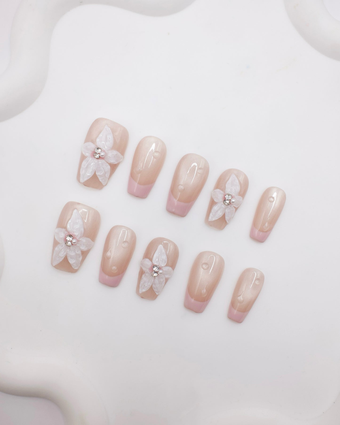 Mid-Long Coffin Pink Embossed Flower With Diamond French Manicure Press On Nails