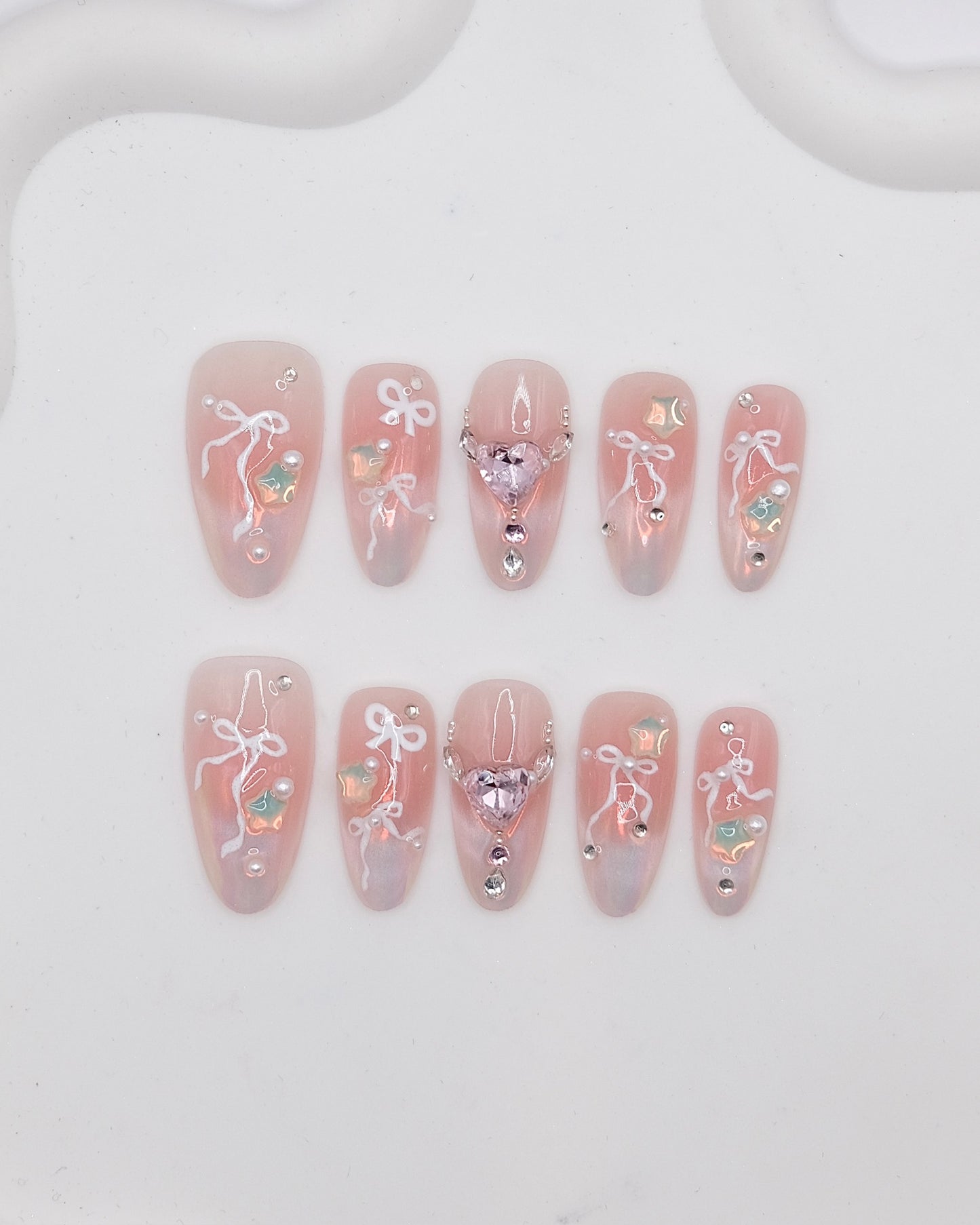 Long Almond Pink Bowtie & Diamond Press On Nails