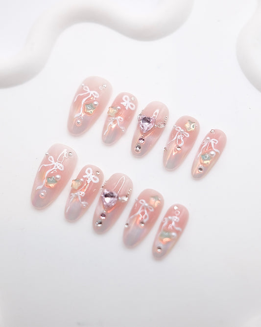 Long Almond Pink Bowtie & Diamond Press On Nails
