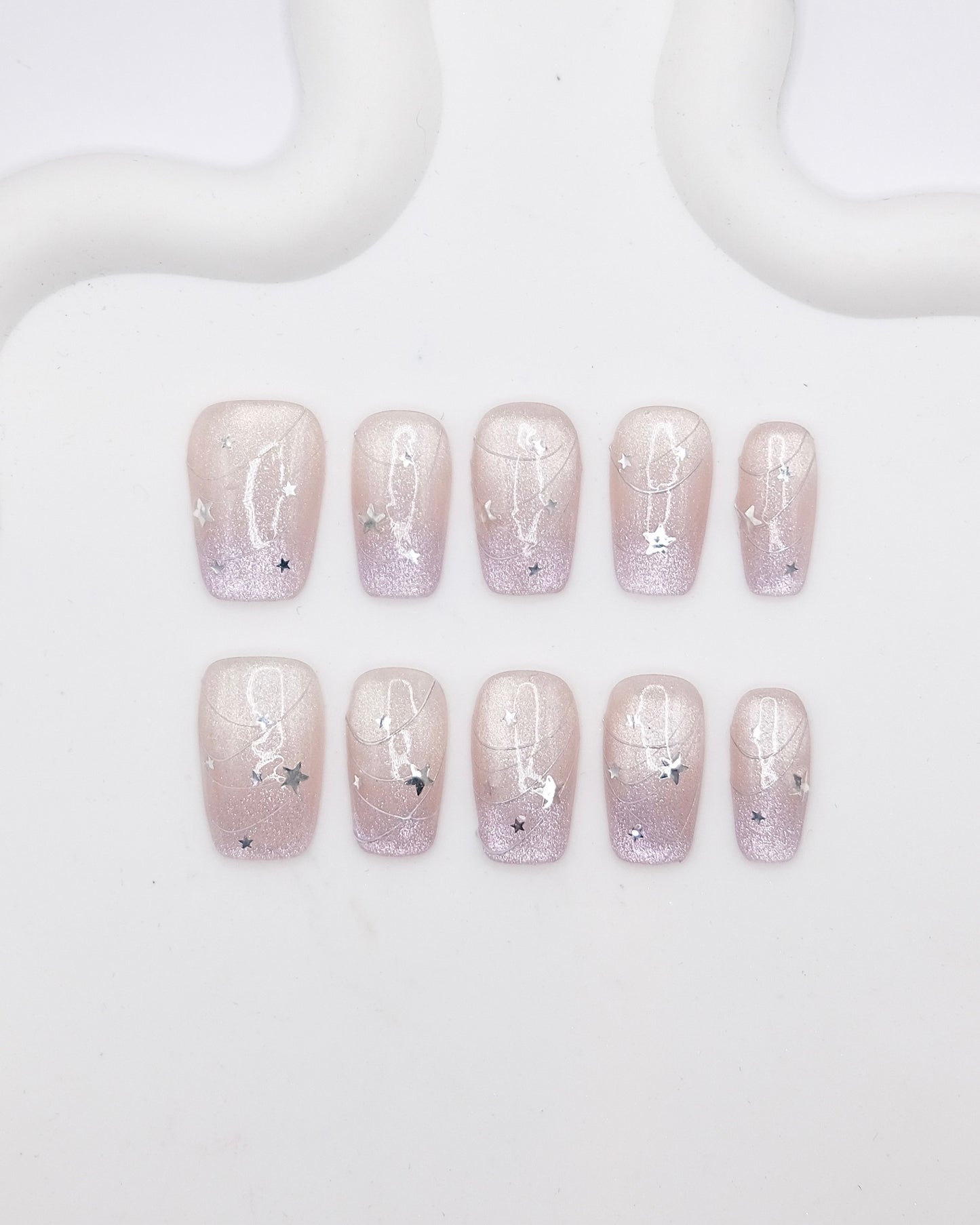 Mid-Long Coffin Cateye  Purple Star Press On Nails