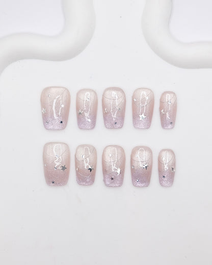 Mid-Long Coffin Cateye  Purple Star Press On Nails