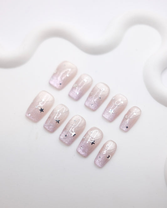 Mid-Long Coffin Cateye  Purple Star Press On Nails