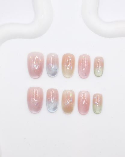 Short Oval Cateye Colorful Shiny Summer Press On Nails