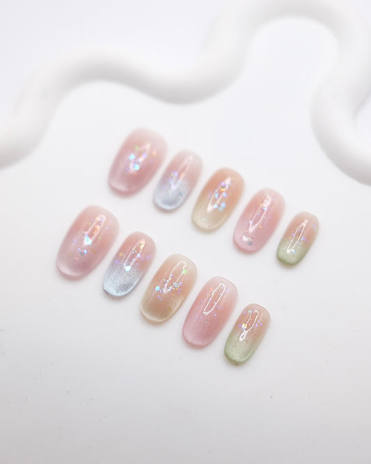 Short Oval Cateye Colorful Shiny Summer Press On Nails