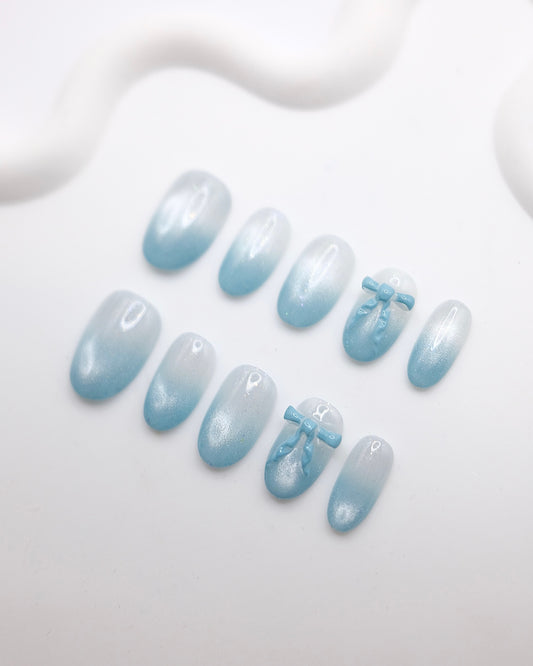 Short Almond Cateye Blue Bowtie French Manicure Press On Nails