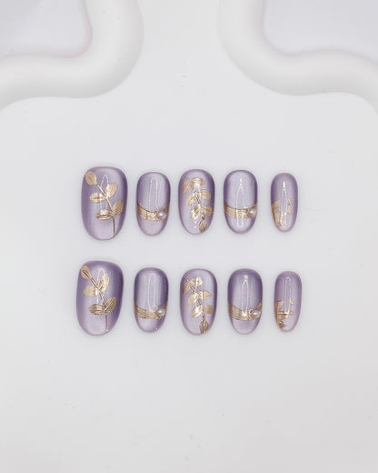 Mid-Long Oval Purple With Golden Blossom Press On Nails