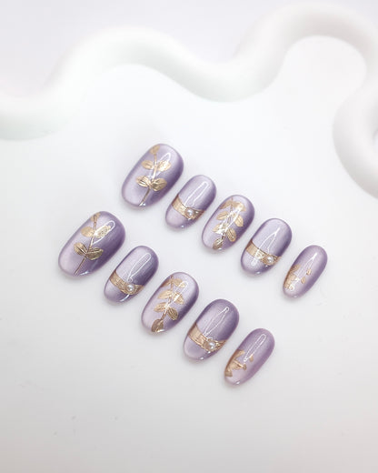 Mid-Long Oval Purple With Golden Blossom Press On Nails