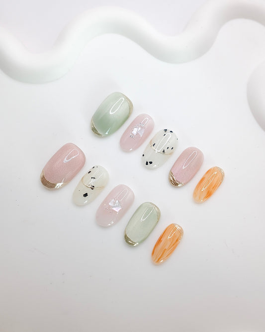 Mid-Long Oval Cateye Summer Citrus Press On Nails