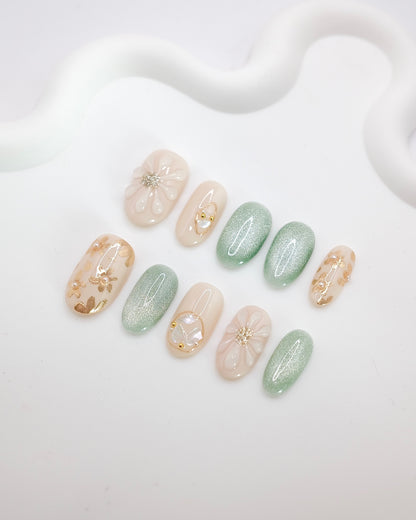 Mid-Long Oval Green & Nude Flower Press On Nails