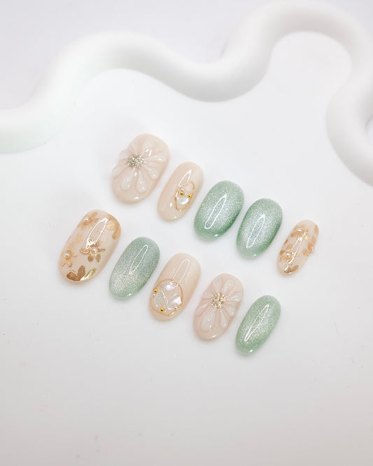 Mid-Long Oval Green & Nude Flower Press On Nails