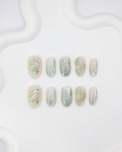 Mid-Long Oval Summer Lake Time Press On Nails
