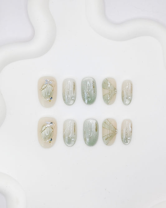 Mid-Long Oval Summer Lake Time Press On Nails