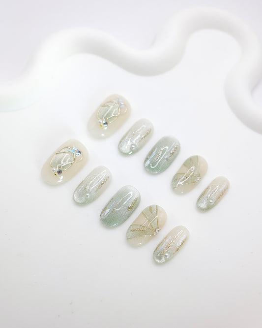 Mid-Long Oval Summer Lake Time Press On Nails