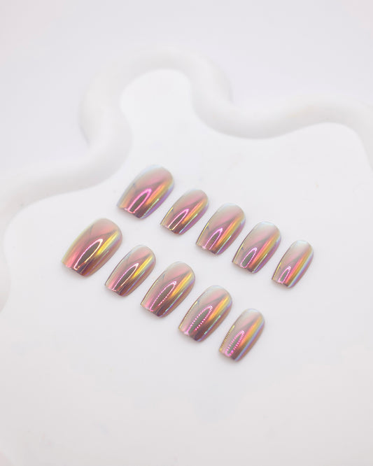 Short Coffin Electroplating Purple-Gold Press On Nails