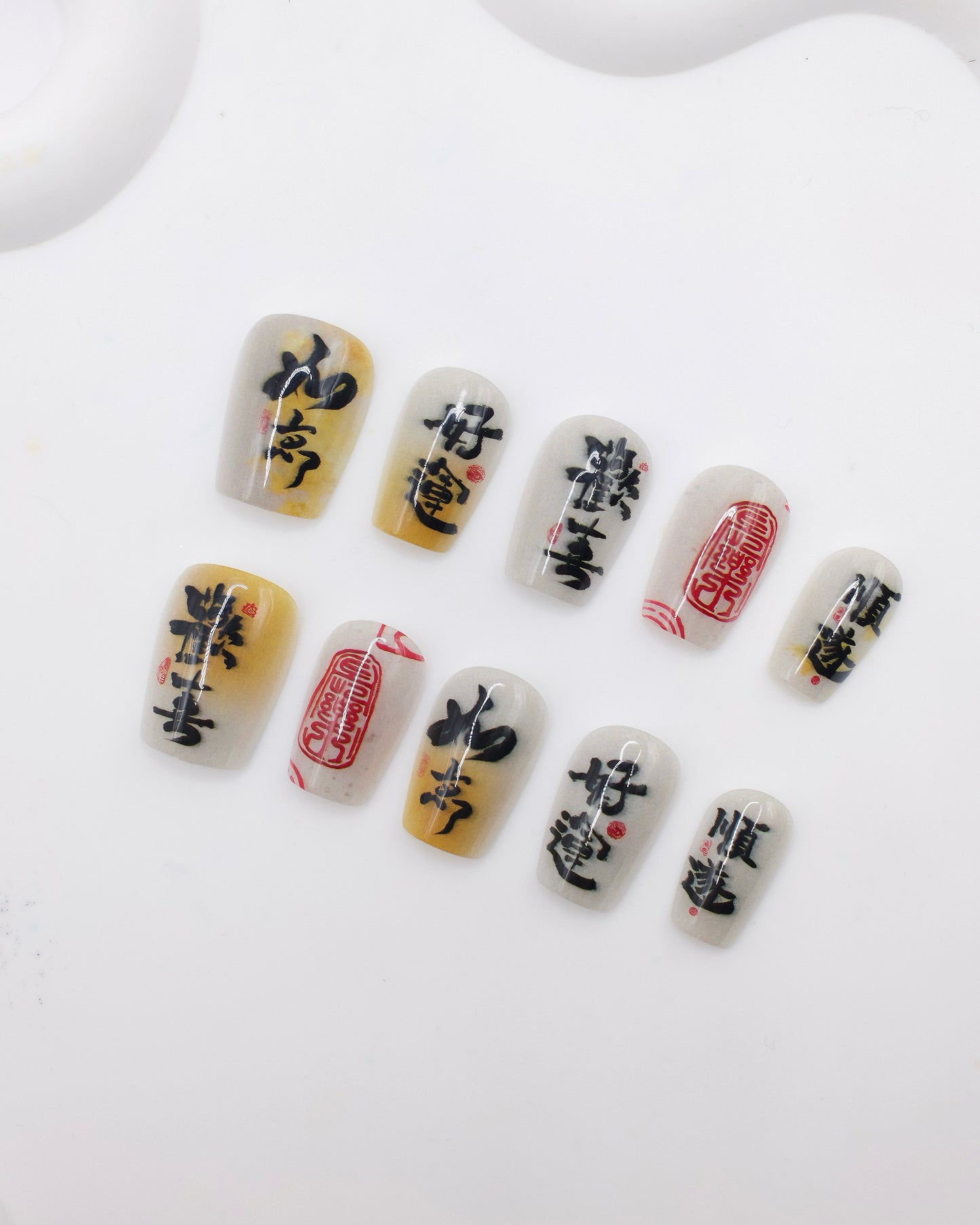 Short Coffin White & Black Chinese Character "Lucky" Press On Nails