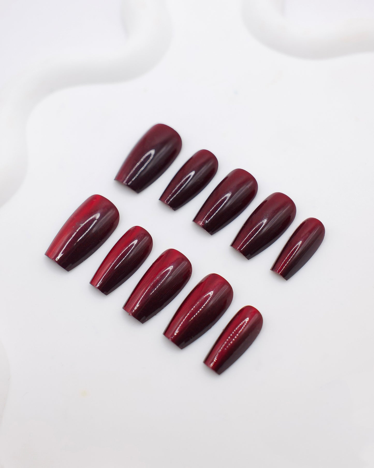 Long Coffin Cateye Red Wine Press On Nails