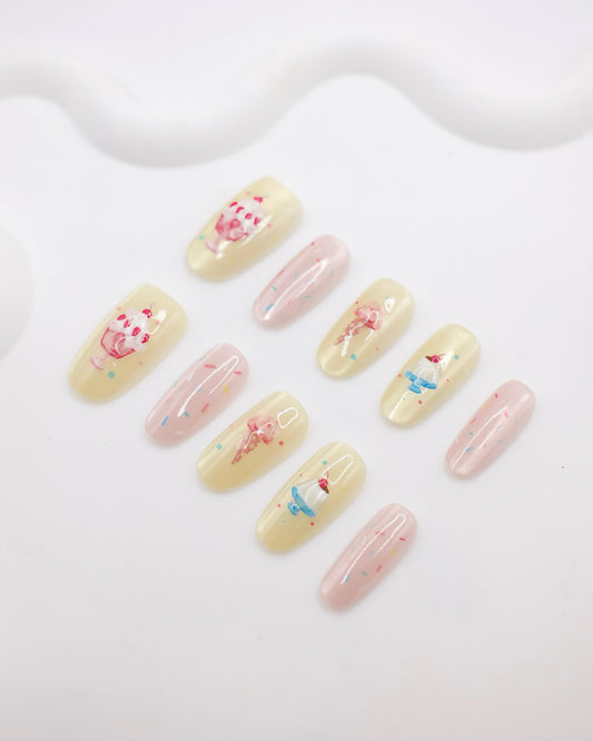 Mid-Long Almond Cateye Happy Birthday Cupcakes Press On Nails